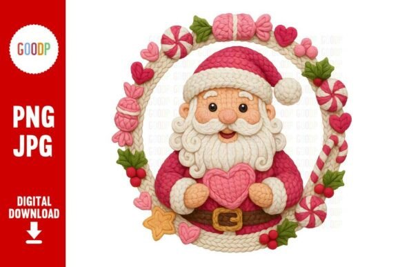 Pink Crochet Santa Heart Wreath