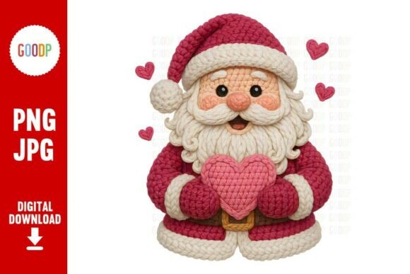 Pink Heart Crochet Santa PNG
